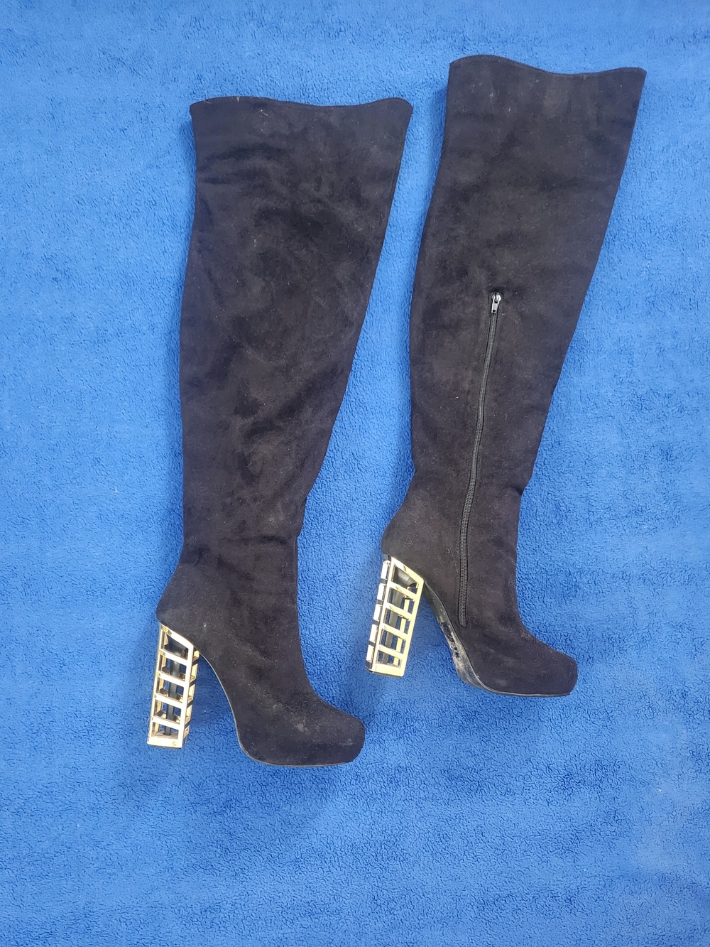 JustFab Black Over-the-Knee Suede Boots with Gold Cage Block Heel Size 9